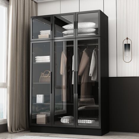 Kleiderschrank, Glasschrank, schwarzes Aufbewahrungsmöbel, Schlafzimmermöbel,Kleiderschrank mit 6 Türen und Kleiderstange für Schlafzimmer 120x40x200cm