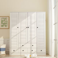 Kleidschrank Garderobenschrank mit 4 Türen,3 Schubladen, Hängestangen und Einlegeböden, Schlafzimmerschrank mit schwarzen Griffen für das Schlafzimmer, 150cm B x 50 cm T x180 cm H,weiß, MDF