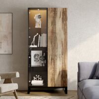 Glasvitrine Vitrine mit Rundstrahler, Schwarz & Holzoptik, MDF+Glas, 80×41×175 cm