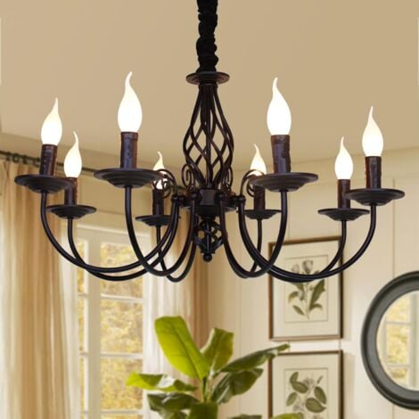 Ganeed Lustre de campagne française 8 lumières, lustre noir, lustre suspendu en métal, lampe suspendue pour îlot cuisine ferme, salle à manger, foyer