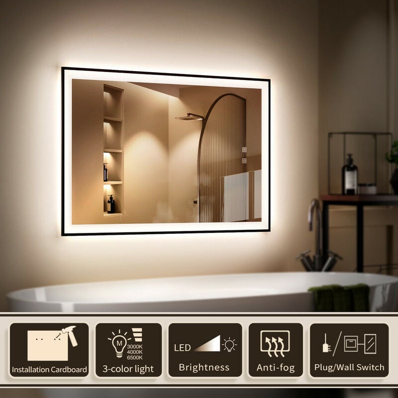 GANPE LED Badezimmerspiegel, Make-up Kosmetikspiegel Wandmontage, Großer  moderner rahmenloser beleuchteter Spiegel, Anti-Beschlag+IP44  Wasserdicht+Vertikal & Horizontal (90 x 60 cm)