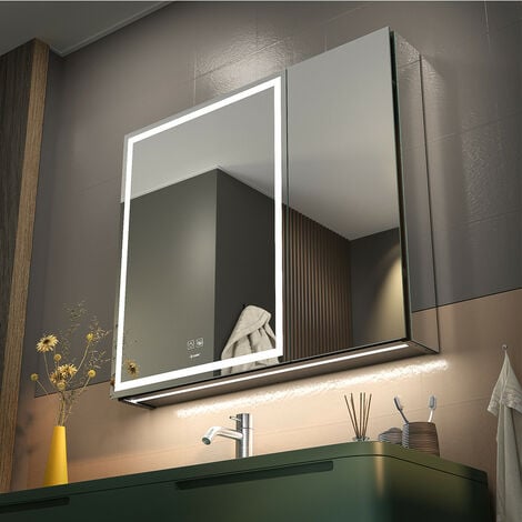 GANPE LED Beleuchtetes Badezimmer Medizin Spiegel Schrank mit Doppelter Tür,  Defog, Stufenloses Dimmen, Speicher 3-Farben
