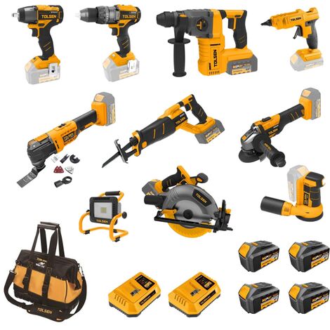 Pack de 11 outils électroportatifs 20V – 4 batteries 4Ah et 2 chargeurs – Moteur Brushless pour performance accrue – Sac à outils inclus – Tolsen