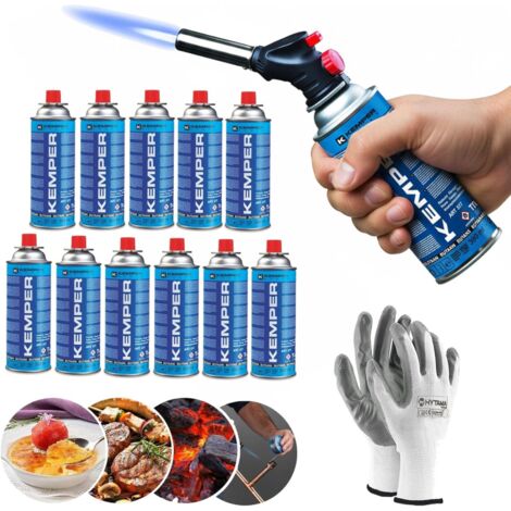 Kit Chalumeau a' Gaz Piezo avec 12 Cartouches Butane Kemper 190g + 1 Paires de Gants Offertes Soudure, Bricolage, Cuisine, Camping, Re'paration, Allumage Facile, Flamme Re'glable, Portable