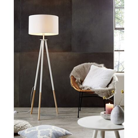 Lampadaire Table en Métal Doré et Abat-jour Blanc en Lin - H154cm