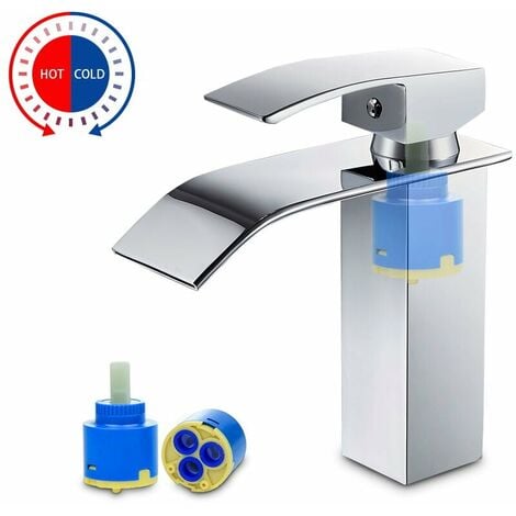 CECIPA Cascada Grifo para Lavabo de Baño, Monomando Grifo de Cuenca Mezclador Agua Fria y Caliente, Latón Cromado