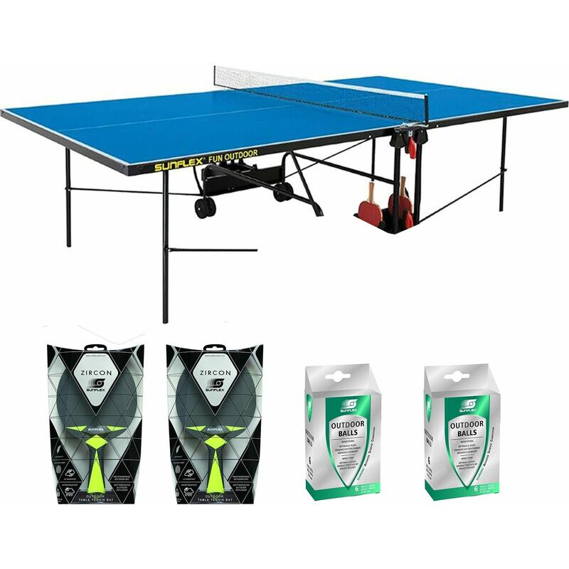 Sunflex Tischtennisplatte Outdoor blau + TT + + Tischtennisschläger Netz Bälle