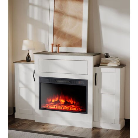 150 cm Modern  Fireplace TV Stands in White - Equipped with Fireplace Remote Control, Adjustable 3D Realistic Flame, Adjustable Thermostat,  and Energy - saving LED Lights for Living Room Entertainmen