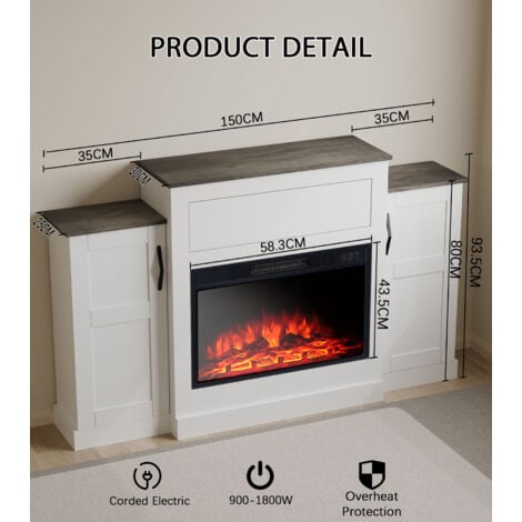 150 cm Modern  Fireplace TV Stands in White - Equipped with Fireplace Remote Control, Adjustable 3D Realistic Flame, Adjustable Thermostat,  and Energy - saving LED Lights for Living Room Entertainmen