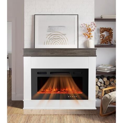 76 cm Black Inset Electric Fireplace with engineered wood veneer mantelpiece, adjustable temperature and flame, rustic oak / white