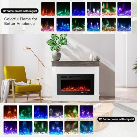 76 cm Black Inset Electric Fireplace with engineered wood veneer mantelpiece, adjustable temperature and flame, rustic oak / white
