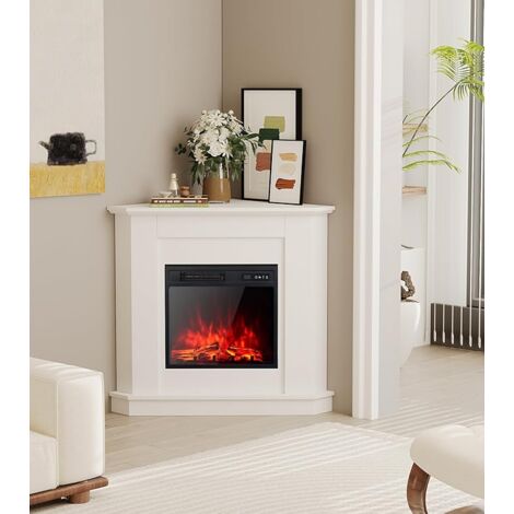 45cm white corner electric fireplace with 18’ premium insert, 900/1800W efficient heating, cleverly designed triangular mantelpiece, 3 adjustable flame effects