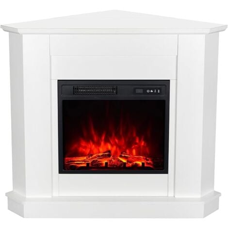 45cm white corner electric fireplace with 18’ premium insert, 900/1800W efficient heating, cleverly designed triangular mantelpiece, 3 adjustable flame effects