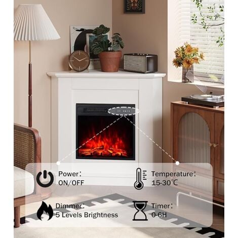 45cm white corner electric fireplace with 18’ premium insert, 900/1800W efficient heating, cleverly designed triangular mantelpiece, 3 adjustable flame effects
