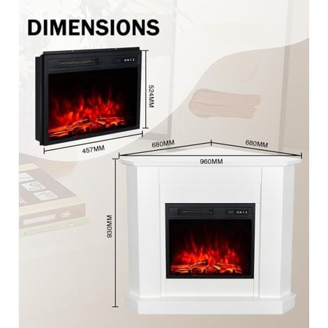45cm white corner electric fireplace with 18’ premium insert, 900/1800W efficient heating, cleverly designed triangular mantelpiece, 3 adjustable flame effects