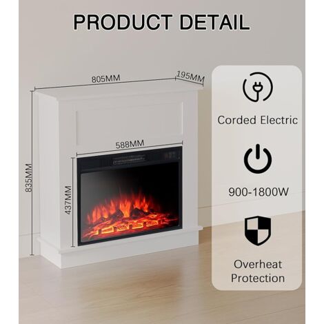 White Electric Fireplace Set with 23-inch Recessed Body, Mantel Shelf Shelf, Intelligent Temperature and Flame Control, Open Storage Shelf and Tabletop, Engineered Wood Craftsmanship