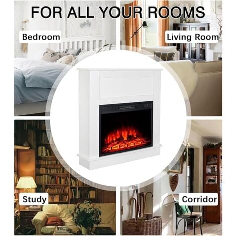 White Electric Fireplace Set with 23-inch Recessed Body, Mantel Shelf Shelf, Intelligent Temperature and Flame Control, Open Storage Shelf and Tabletop, Engineered Wood Craftsmanship