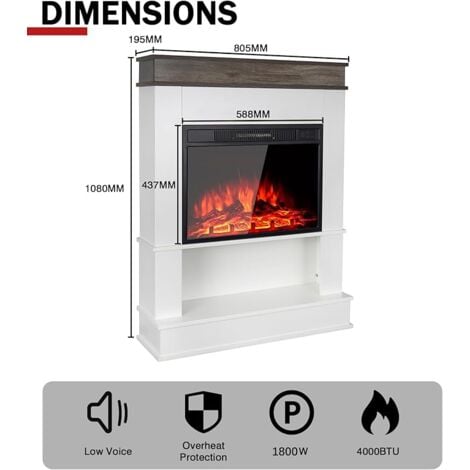 Rustic Oak & White Freestanding Electric Fireplace with 23-inch Recessed Body, Adjustable Temperature and Flame Colour, Open Storage and Tabletop, Engineered Woodwork,
