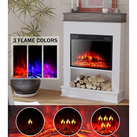 Rustic Oak & White Freestanding Electric Fireplace with 23-inch Recessed Body, Adjustable Temperature and Flame Colour, Open Storage and Tabletop, Engineered Woodwork,