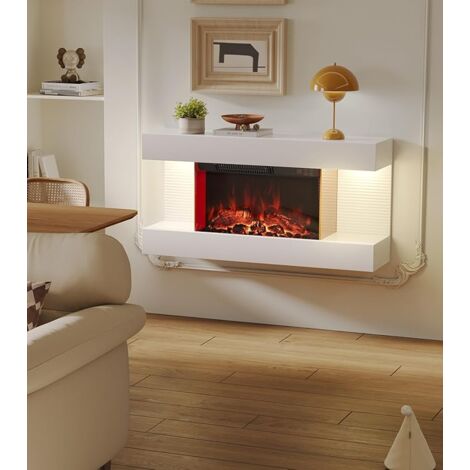 32- Inch White Wall - Mounted Electric Fireplace - 12 Flame Colors, 3 Brightness, Timer, Overheat Protection, Modern LED Heating