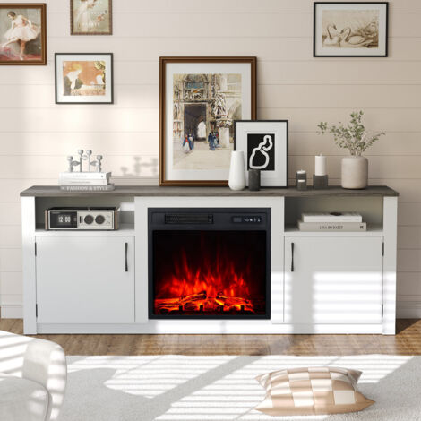147 cm TV Stand with 18-Inch Electric Fireplace Insert, Adjustable Flame & Heating, Open Shelves & Side Cabinets - Remote Control Included