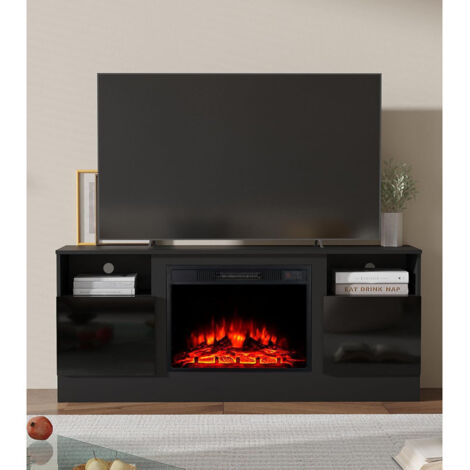 147cm W TV Stand Cabinet With 23" Fireplace Insert, Highlight Door Cabinet, Media Entertainment Center with 2 Open Shelves, Long Table for Living Room, Black