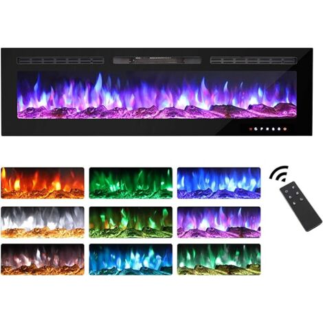 60-Inch Stylish Electric Fireplace, Touchscreen Glass Panel, Nine-Colour Adjustable Flame, Freestanding Wall Mounted Heater with Crystal & Log Kits, Black (1/5)