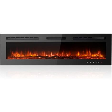 60-Inch Stylish Ultra-Thin Low-Noise Electric Fireplace, 12-Colour Adjustable Breathing Flames, with Crystal & Log Kits, Glass Touchscreen, Remote Control, Wall-Mounted, Black