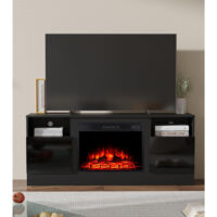 147cm W TV Stand Cabinet With 23" Fireplace Insert, Highlight Door Cabinet, Media Entertainment Center with 2 Open Shelves, Long Table for Living Room, Black