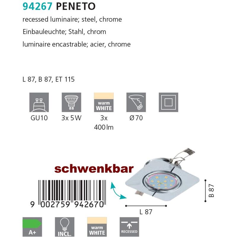 Kit 3 Faretti GU10 Da Incasso Rotondi Nichel Peneto Eglo