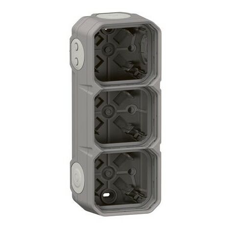 Boîtier saillie étanche Plexo 3 postes horizontaux et verticaux sans cloison avec 5 embouts à membrane - gris