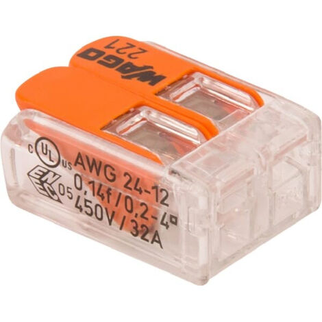 Wago – Lot de 100 connecteurs 2 entrées CAGE CLAMP® – Pour fils souples et rigides de 0,14 à 4 mm² – Tension 450V, courant 32A