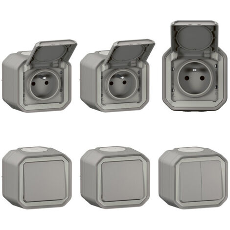 Lot de 3 prises + 2 va-et-vient + commande double Plexo complet saillie - gris (069792L) (1/3)