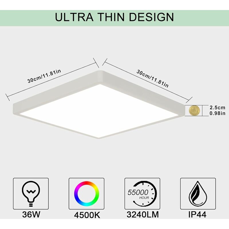 OTREN Plafonnier LED Carré, Moderne Luminaire Intérieur 36W 3240LM, IP44  Lampe Plafond pour Salle de Bain Salon Chambre Cuisine Bureau, 4000K, 30CM  : : Luminaires et Éclairage