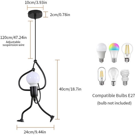 Luminaires suspendus créatifs modernes de petites personnes noir personnes dessin animé suspension lustre chambre enfant D26 × H 140 cm E27 suspension lustre accessoires