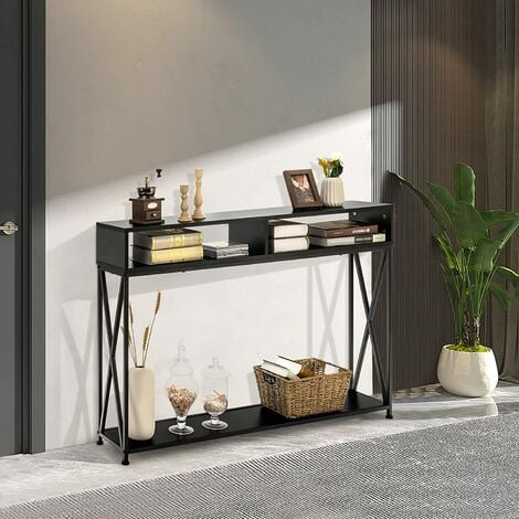 COSTWAY Tavolo Consolle a 2 Livelli con Piedini Regolabili Telaio di Metallo Ripiani Consolle Ingresso salvaspazio per Salotto Ingresso e Corridoio 120 x 23 x 79 cm Nero