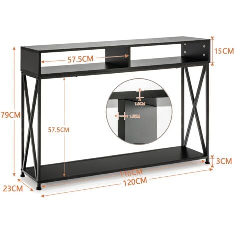 COSTWAY Tavolo Consolle a 2 Livelli con Piedini Regolabili Telaio di Metallo Ripiani Consolle Ingresso salvaspazio per Salotto Ingresso e Corridoio 120 x 23 x 79 cm Nero