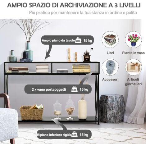 COSTWAY Tavolo Consolle a 2 Livelli con Piedini Regolabili Telaio di Metallo Ripiani Consolle Ingresso salvaspazio per Salotto Ingresso e Corridoio 120 x 23 x 79 cm Nero