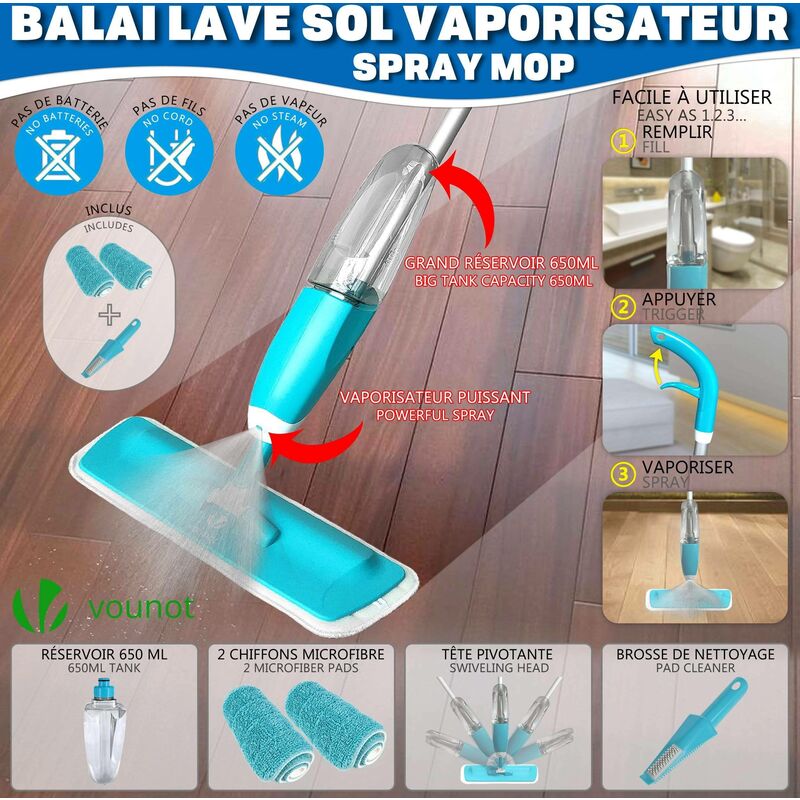 Balai mop en microfibre avec vaporisateur - Gris et bleu - 600ml 
