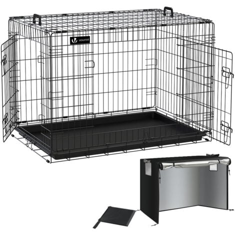 Cage chien sur pied - porte verrouillable - acier noir blanc chêne clair  blanc Pawhut