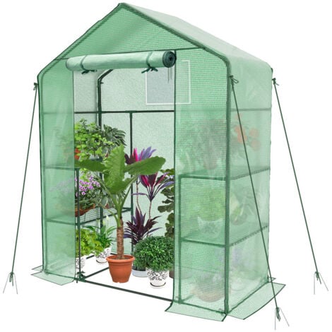 Serre de jardin avec étagères 143x73x195cm vert - Bâche renforcée - Fenêtre moustiquaire, porte enroulable zippée