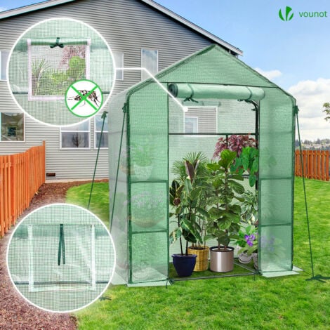Serre de jardin avec étagères 143x73x195cm vert - Bâche renforcée - Fenêtre moustiquaire, porte enroulable zippée