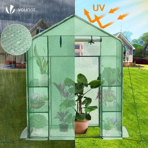 Serre de jardin avec étagères 143x73x195cm vert - Bâche renforcée - Fenêtre moustiquaire, porte enroulable zippée