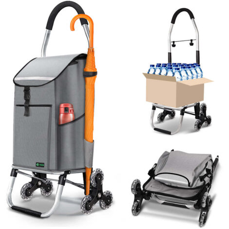 VOUNOT® Chariot de courses pliable aluminium avec crochets et compartiment isotherme - sac imperméable - 6 roues - gris