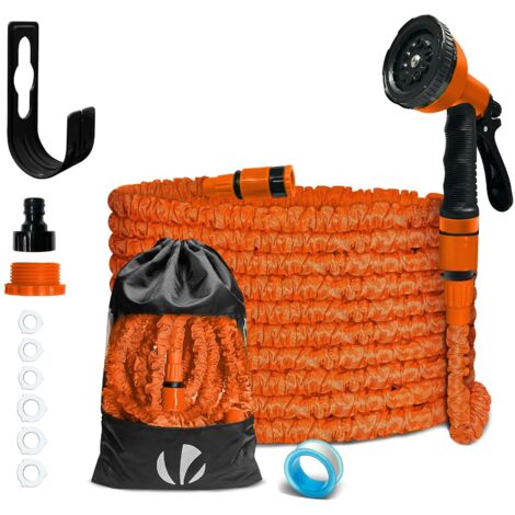 Vounot – Tuyau d'arrosage extensible 15m – 10 modes de pulvérisation – 2 connecteurs laiton inclus – Sac de rangement et support mural