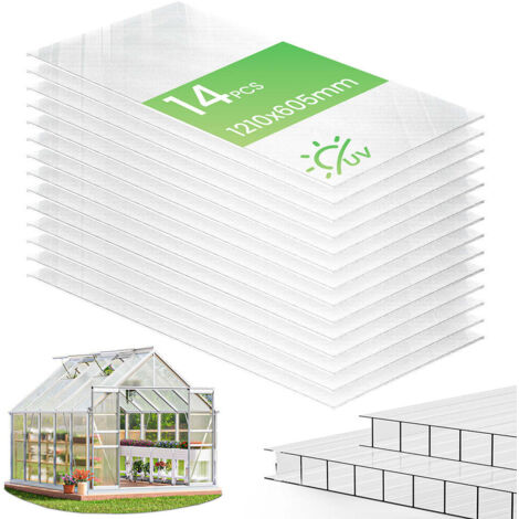 VOUNOT® Lot de 14 plaques en polycarbonate alvéolaire 4 mm - 121 x 60,5 cm transparent - double paroi creuse - pour serre