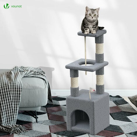Arbre à chat 88cm avec corde, griffoir, niche et plateforme - Gris - Arbre à grimper pour chats