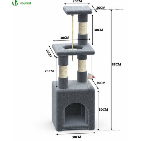 Arbre à chat 88cm avec corde, griffoir, niche et plateforme - Gris - Arbre à grimper pour chats