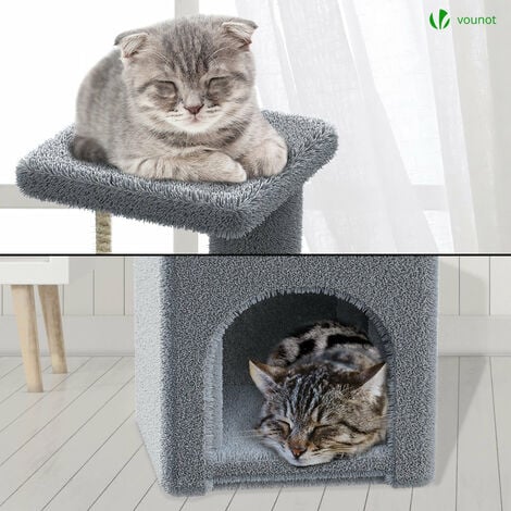 Arbre à chat 88cm avec corde, griffoir, niche et plateforme - Gris - Arbre à grimper pour chats