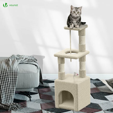 Arbre à chat 88cm avec corde, griffoir, niche et plateforme - Beige - Arbre à grimper pour chats